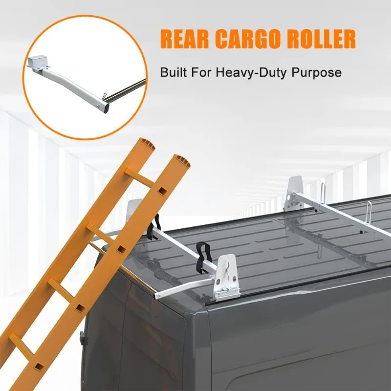 Adjustable Ladder Roof Rack with Rear Roller, Adjustable Mid To Rear Cargo Roll Off Truck with Rain Trough Easy To Install