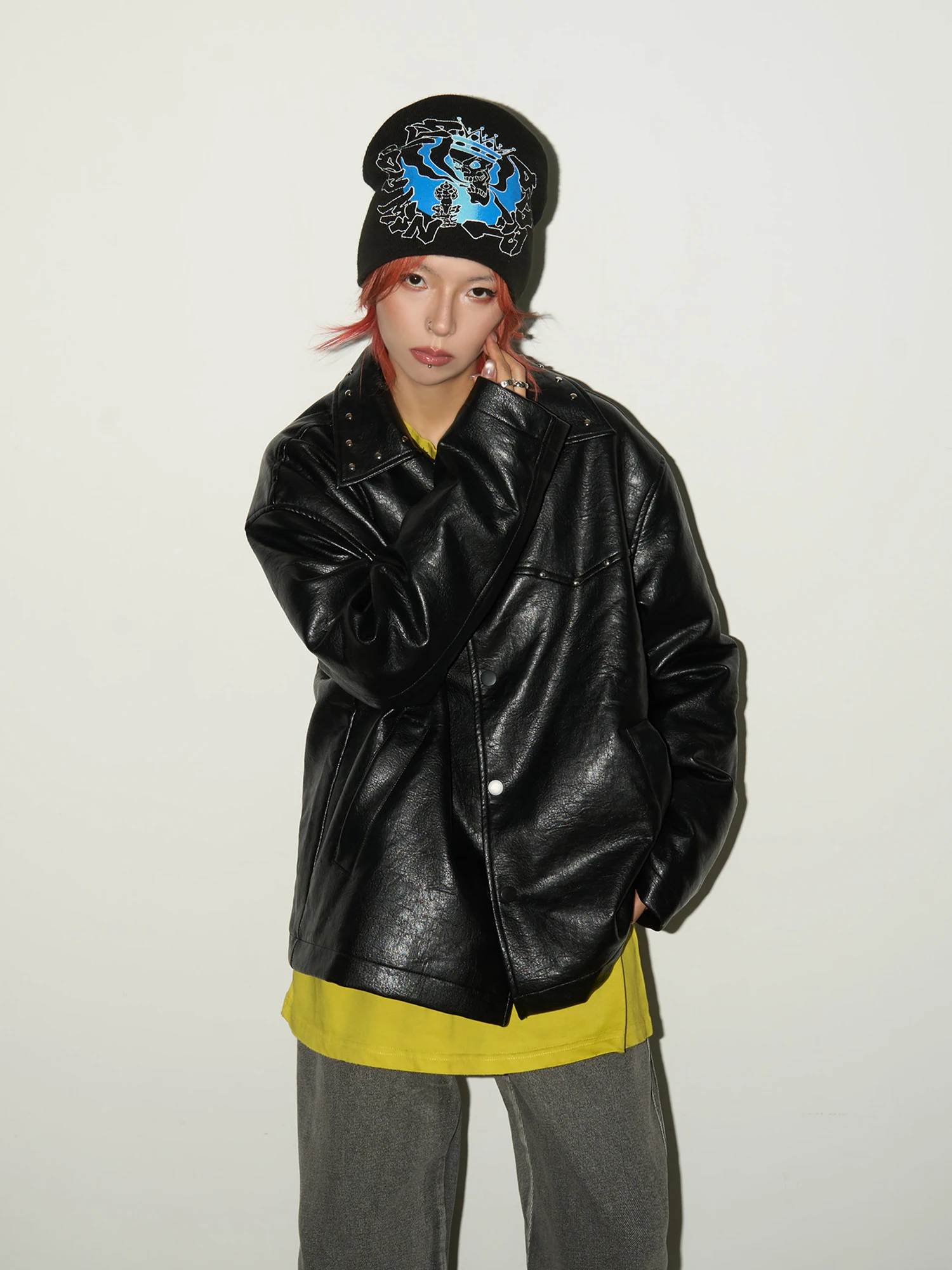 

Кожаная куртка MICHINNYON в стиле панк, свободного кроя, с эффектом высокой талии, уличный дизайн, весенняя модная верхняя одежда с заклепками