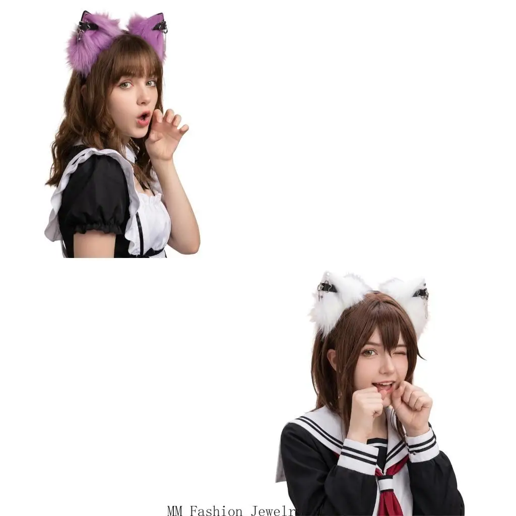 Soft Plush Moving Cats Ear Headband, Metal Star Chain Decors Rechargeable Electric Animal Ears Cosplay Hair Hoop D0UB