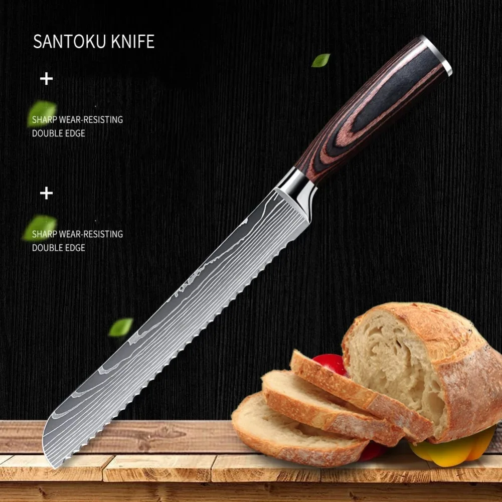 8 Inch Professional Bread Knife Cheese Toast Kitchen Knife Stainless Steel Damascus Knives Wood Handle Slicing Knife Chef Knives