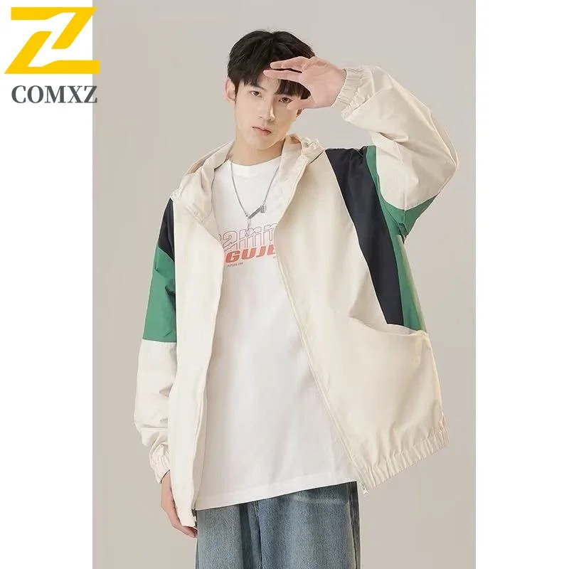 

COMXZ модная мужская куртка в стиле пэчворк с капюшоном, уличное альпинистское ветрозащитное пальто, повседневное легкое осеннее пальто в уличном стиле