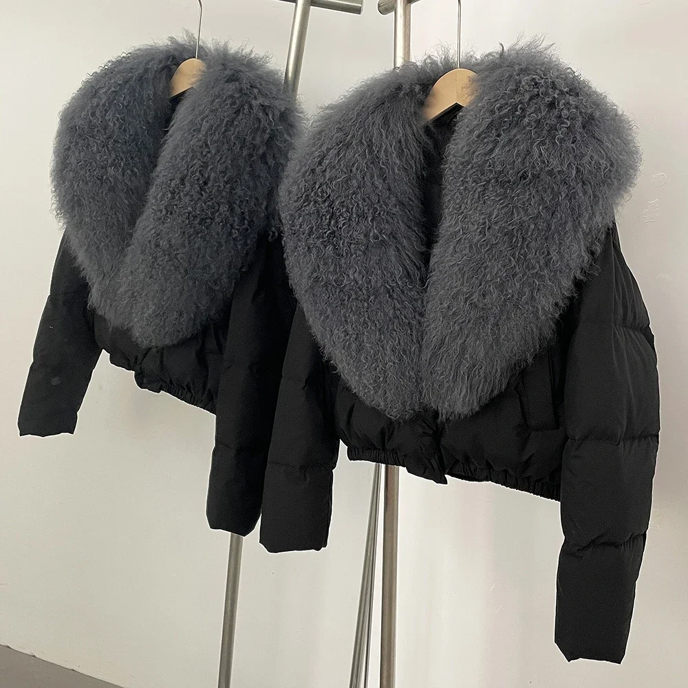 

Waterproof PU Puffer Jacket Short Large Mongolian Fur Collar Coat Women White Duck Down Jacket Reality Fur Winter Parkas Female