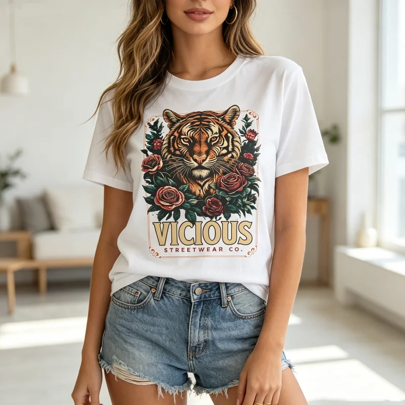 Retro Tiger Flower Streetwear Print Tshirt Premium Soft Cotton Casual Daily Unisex Tee