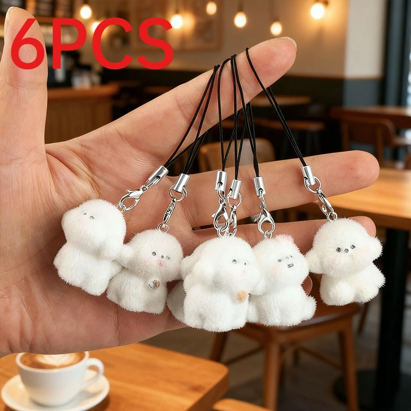 6Pcs Cute 3D Flocking Resin Dog Charms Mini Phone Lanyard Pendants Decorative Ornaments Keychain Bag Accessories