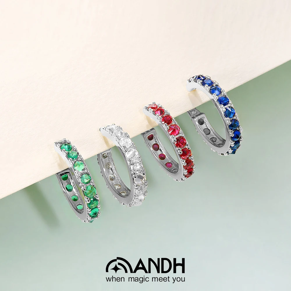 ANDH 20 مللي متر الياقوت هوب أقراط للنساء 925 فضة 18 كيلو مطلية بالذهب Huggie أقراط حفل زفاف غرامة مجوهرات هدية