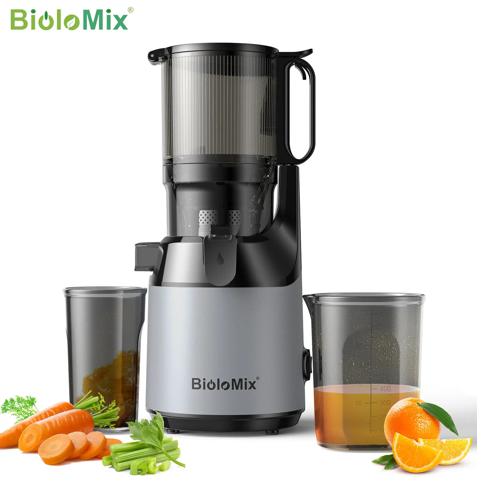 BioloMix Presse-agrumes à pression froide, avec goulotte d'alimentation de 130 mm, adapté aux fruits et légumes entiers, rendement élevé du jus, presse-agrumes à mastication lente sans BPA