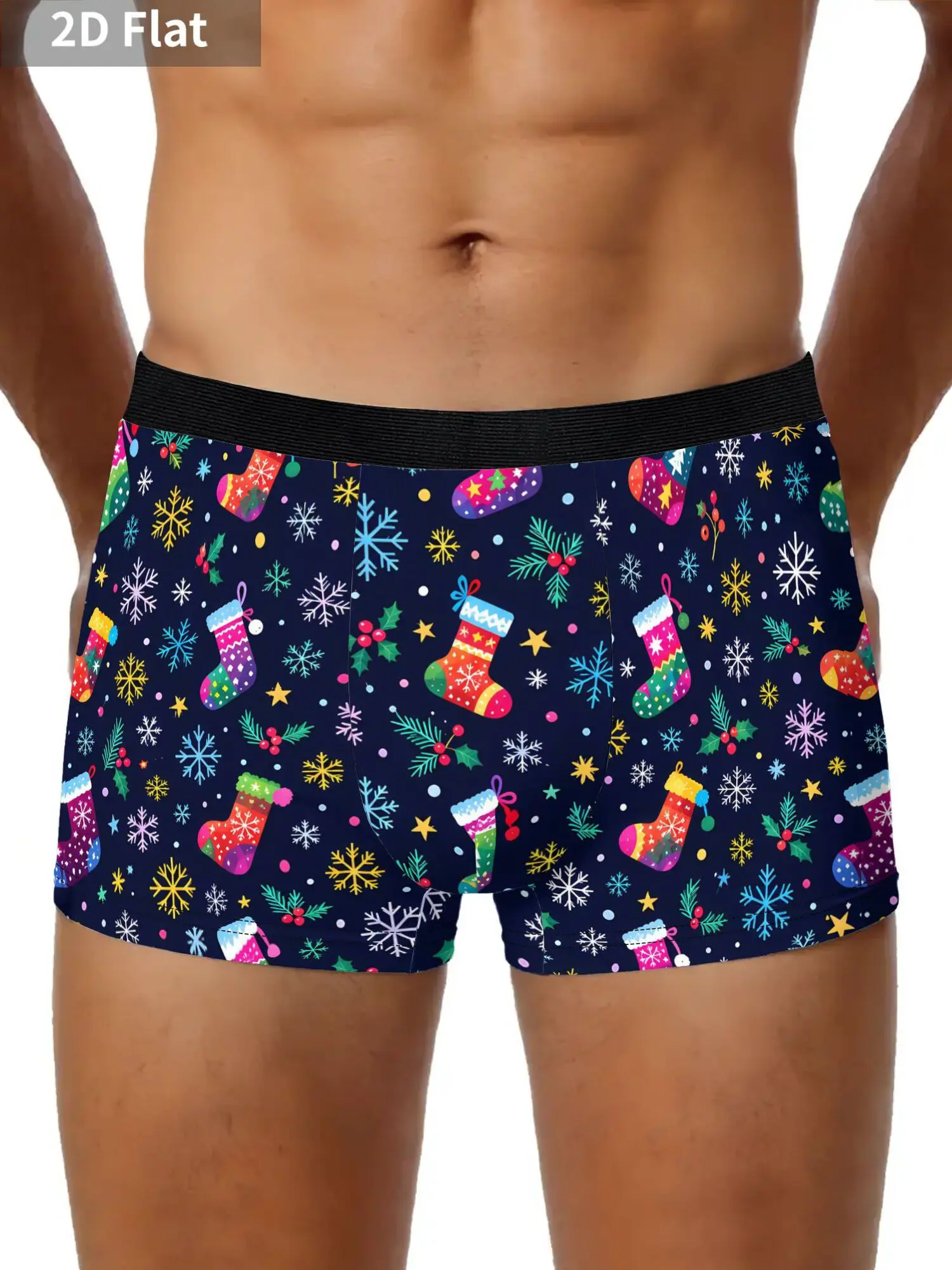 2D Print Design-Not Textured Christmas Stockings Snowflakes Men'S Novelty Underwear Funny Boxer Shorts for Casual Playful Style