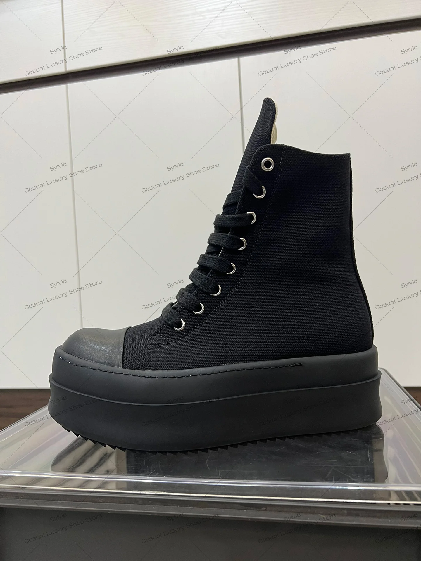 Ricks Men Shoes Owens Pure Handmade Thick Sole All Black Canvas Shoe High Top Women Quality Zipper Owens Retro Style Ankle Boots