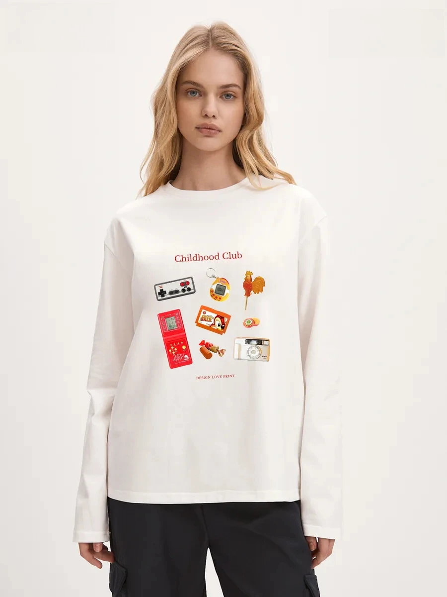 Women's Cotton Long Sleeve Spring Autumn Childhood Club Retro Game Camera Print T Shirt Loose Fit Casual Basic Daily Wear Top