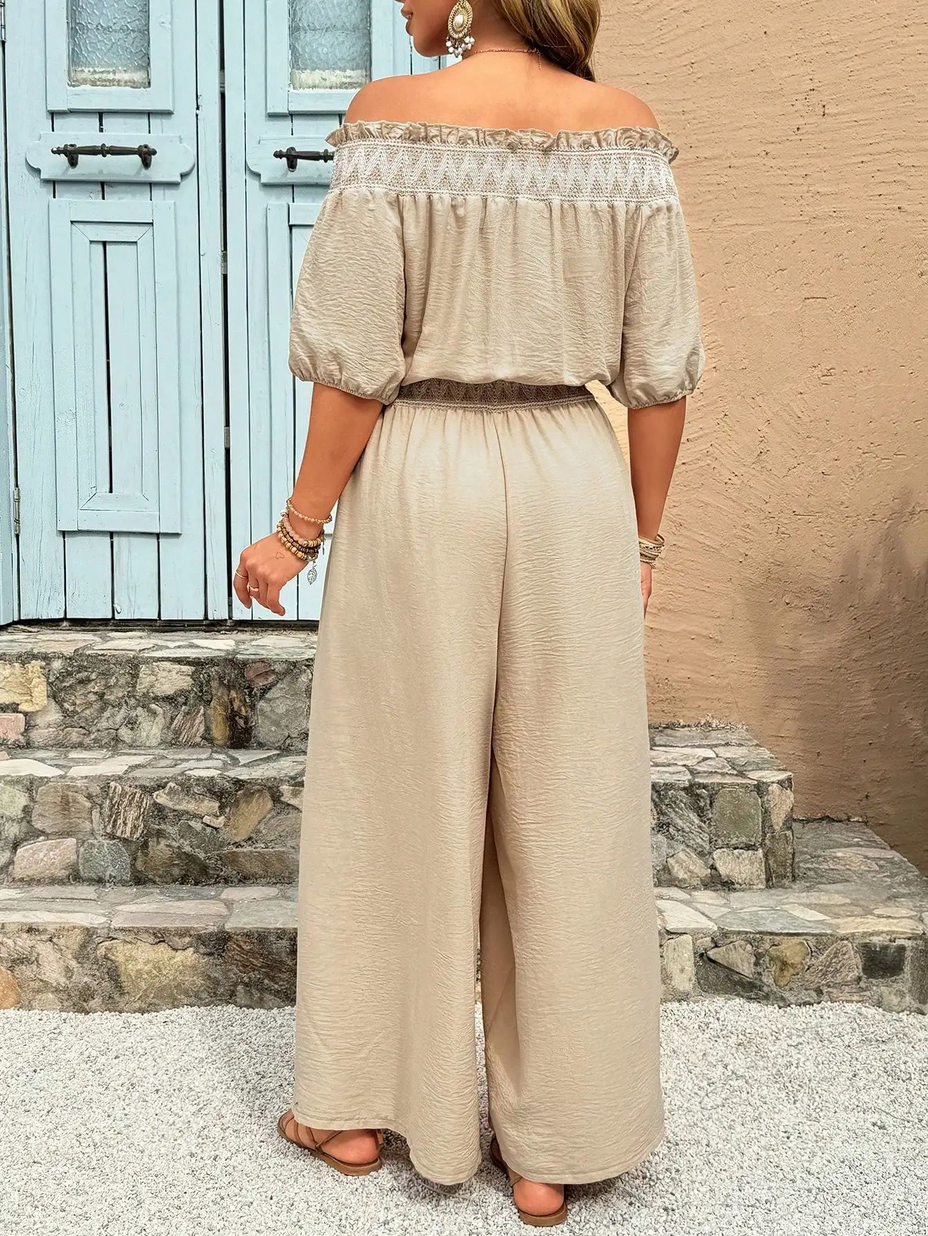 Women's Off-Shoulder Wide Leg Jumpsuit - Beige Textured Fabric with Lace Waistband for Summer & Resort Wear view 2