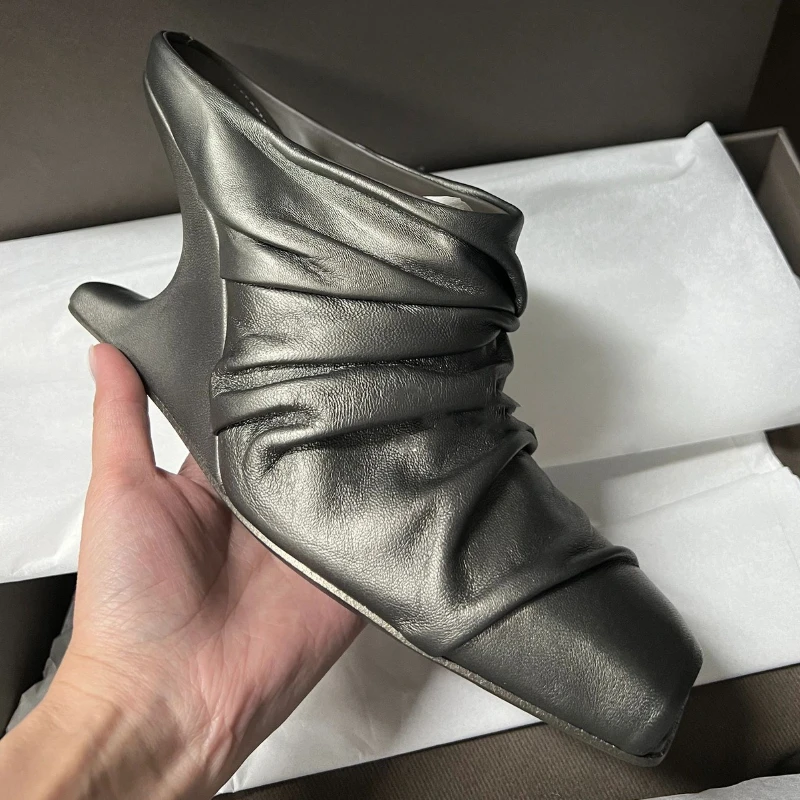 

Designer Wedge Slippers for Women Pleated Strange Heel Fashion Banquet Party Shoes Female Elegant Sexy High Heeled Sandals Women