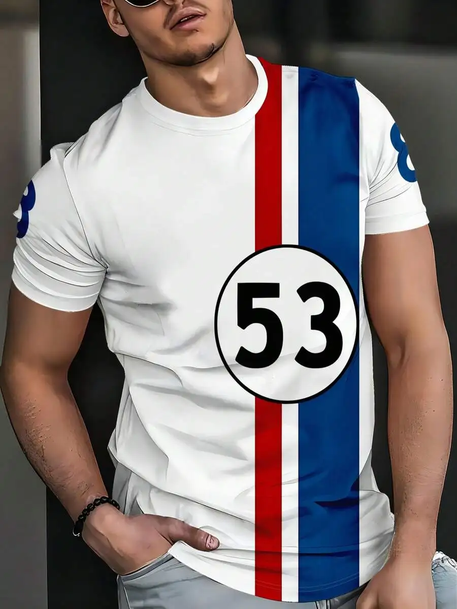 Fresh White Top With Red And Blue Striped Band And Bold Number 53 Print Short Sleeve Versatile Casual Fashion T-Shirt, 100%