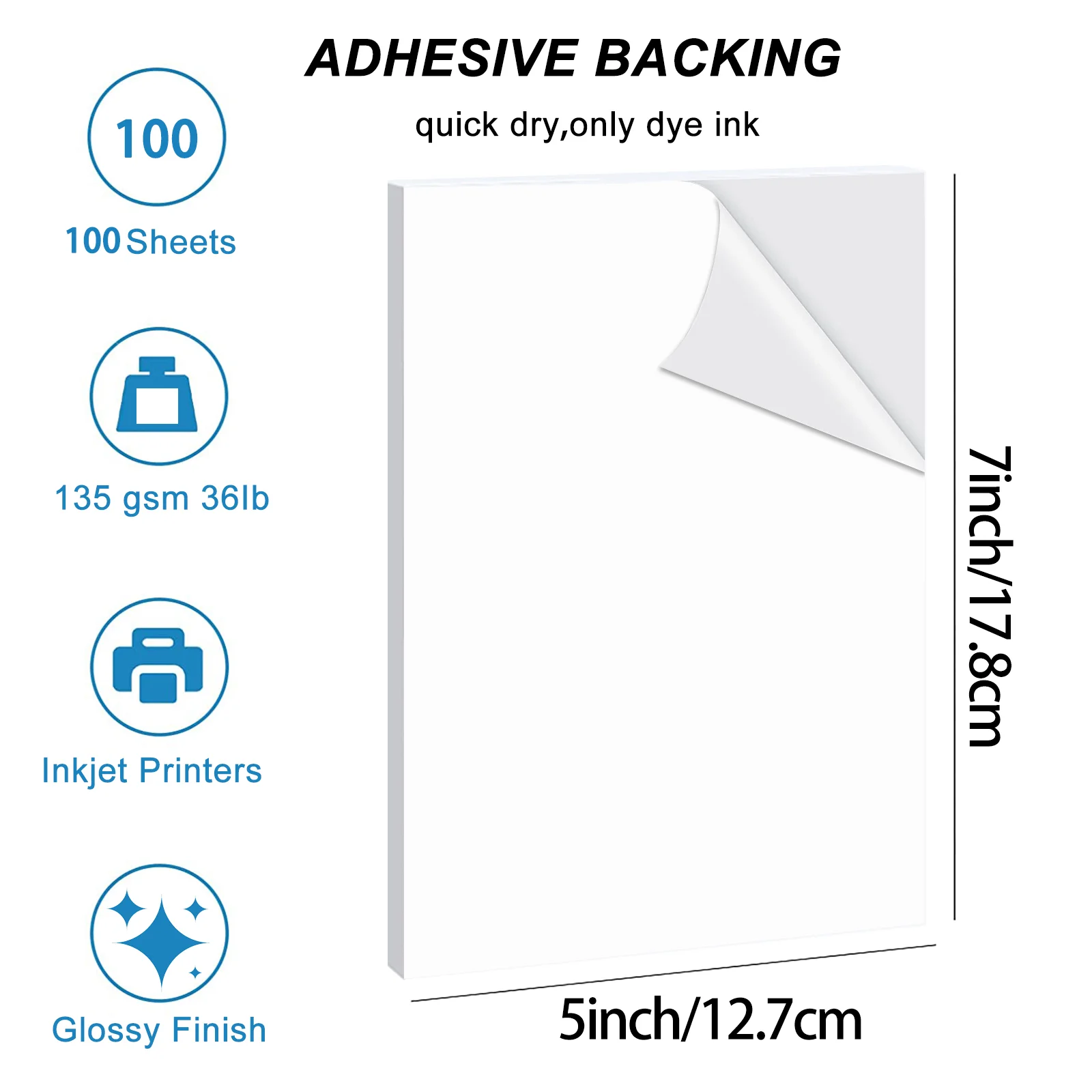 100 Sheets 5x7 Inch Adhesive Glossy Photo Paper 12.7x17.8cm 135Gsm Compatible with Inkjet Printing Sticker Paper Home Office Use