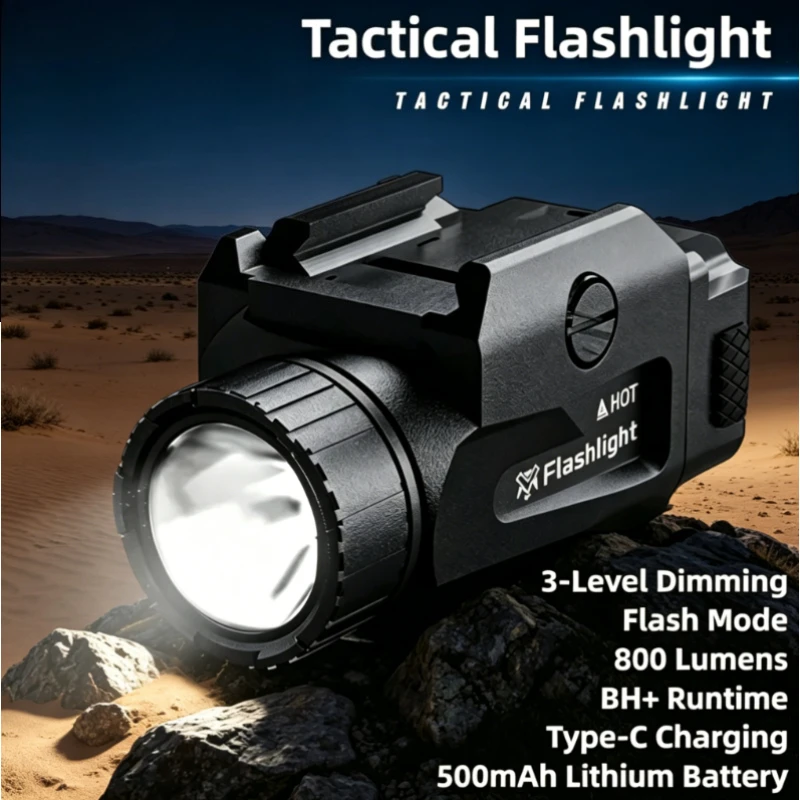 

Lightweight 800LM Tactical Light, 4 Mode USB Rechargeable LED Torch, Quick Release Easy Install Picatinny Rail Accessory