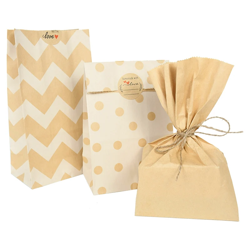 10/20Pcs Striped Spots Gift Bags Kraft Paper Candy Food Cookie Packaging Bag Bread Snacks Baking Takeaway Bags