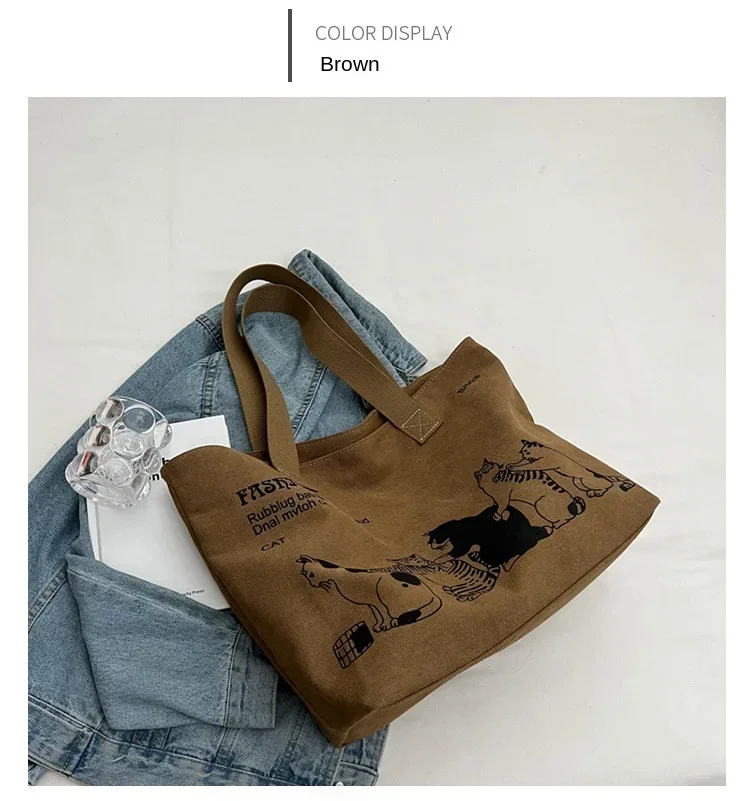 Geräumige Anime-Katzen-Canvas-Tragetasche für Damen mit Schriftzug-Druck, lässige Schultertasche für den Alltag, tragbare Handtasche für Mädchen – Detail 10