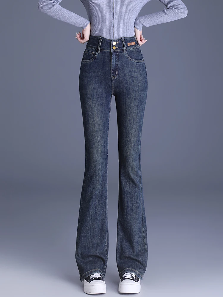 

Женские джинсы с высокой талией, облегающие, на флисовой подкладке, микро-клеш, для весны, осени и зимы, новый ретро-стиль, из смесового хлопка и полиэстера