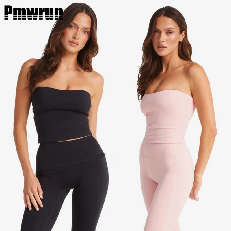 

PMWRUIN 2-х предметный костюм для йоги для женщин: топ без бретелек и леггинсы, дышащая эластичная одежда для бега в тренажерном зале и йоге