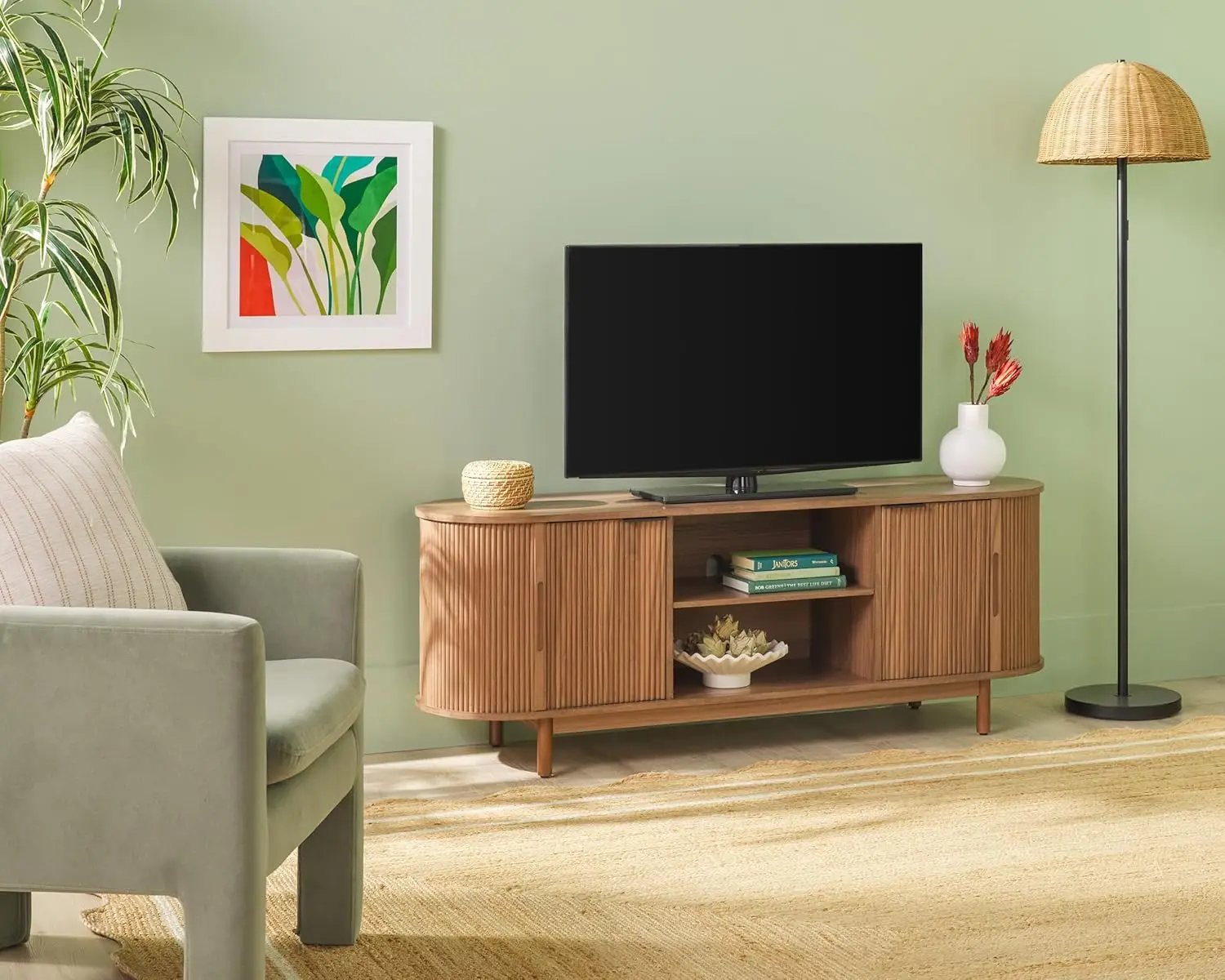 Suporte de TV curvado, portas deslizantes, 65 polegadas, 60 polegadas, Mocha