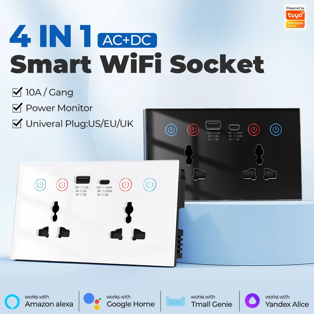 

Tuya WiFi Smart Socket USB+Type-C 15W Wall Socket Universal Plug Outlet Power Monitor Timer Switch Work with Alexa Google Home