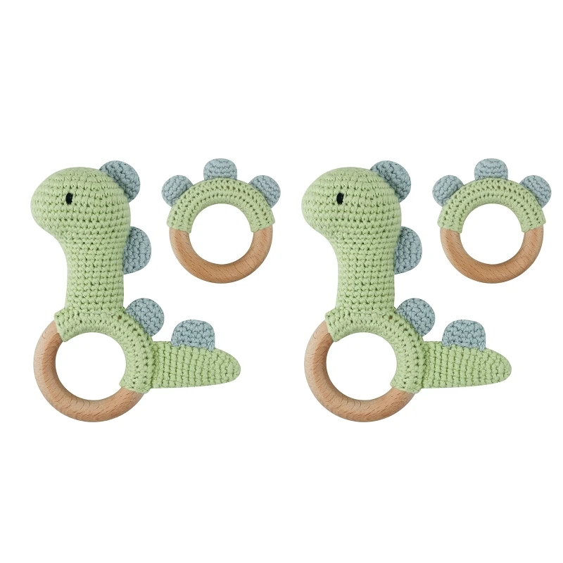 

Baby Wooden Teether Ring DIY Crochet Dinosaur Rattle Infant Nursing Soother Molar Teething for Newborn Shower Gifts 0