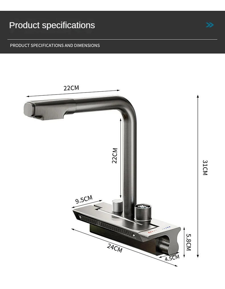 Grifo extraíble de cocina, llave de cascada de lluvia, un solo orificio, pantalla Digital, agua fría y caliente, herramientas de fregadero de cocina