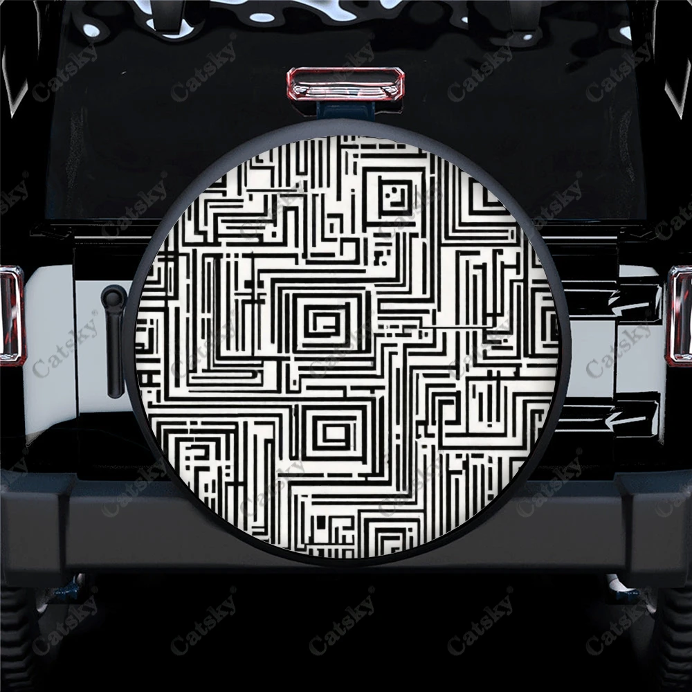 Minimalist Maze With Lines Art Polyester Universal Spare Wheel Tire Cover Wheel Covers for Trailer RV SUV Truck Camper