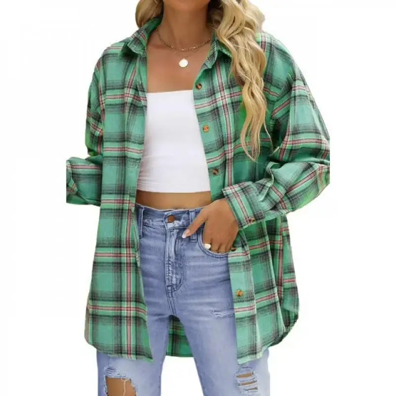 

Casual Plaid irt Women's Boyfriend Sle Spring Autumn Winter New Arrival Loose Fit Ladies Faion PU Material Long Sve