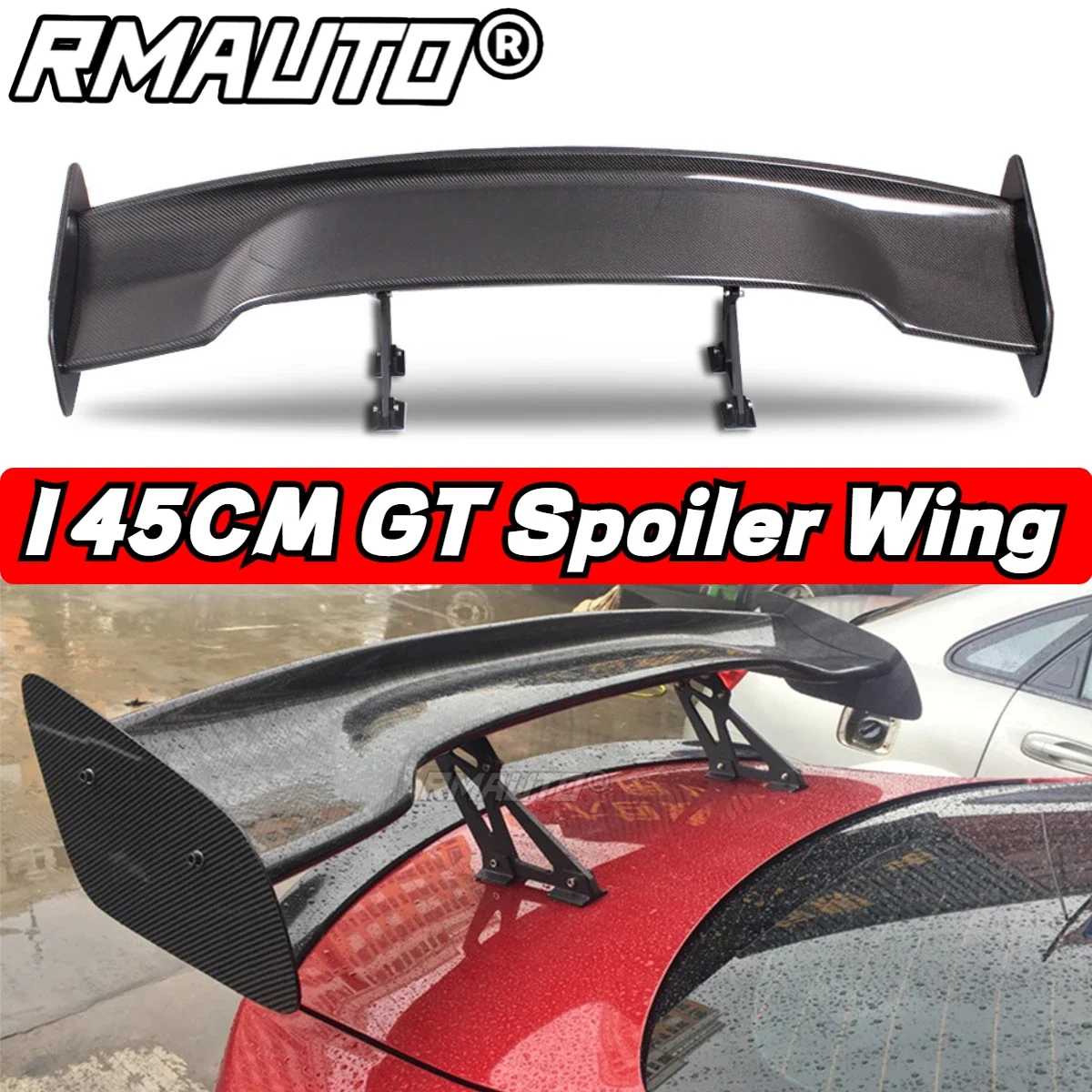 Real Carbon Fiber 145cm GT Spoiler Universal Racing Rear Tail Trunk Wing Spoiler Aluminum Bracket Body Kits For BMW For Subaru