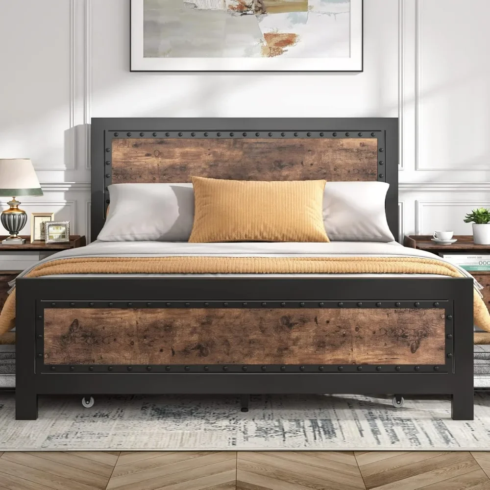 King Metal Wood Bed Frame with 4 Storage Drawers, Rivet Modern Headboard and Footboard Platform, No Box Spring Needed