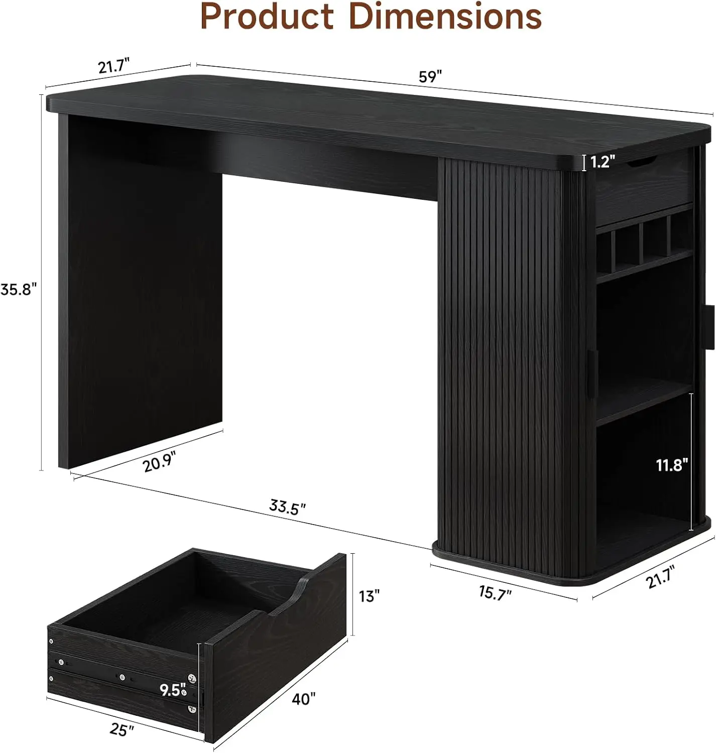 59 Inch Kitchen Island with Storage, Fluted Counter Height Table, Mid-Century Modern Kitchen Island Table with Sliding Door
