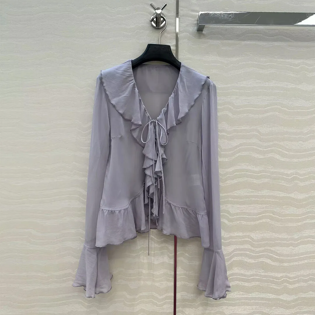 

New Summer Fashion 100% Silk Boho Blouse Women Solid Color Ruffles V-neck Lace-up Flare Long Sleeve Sweet Tops Shirt
