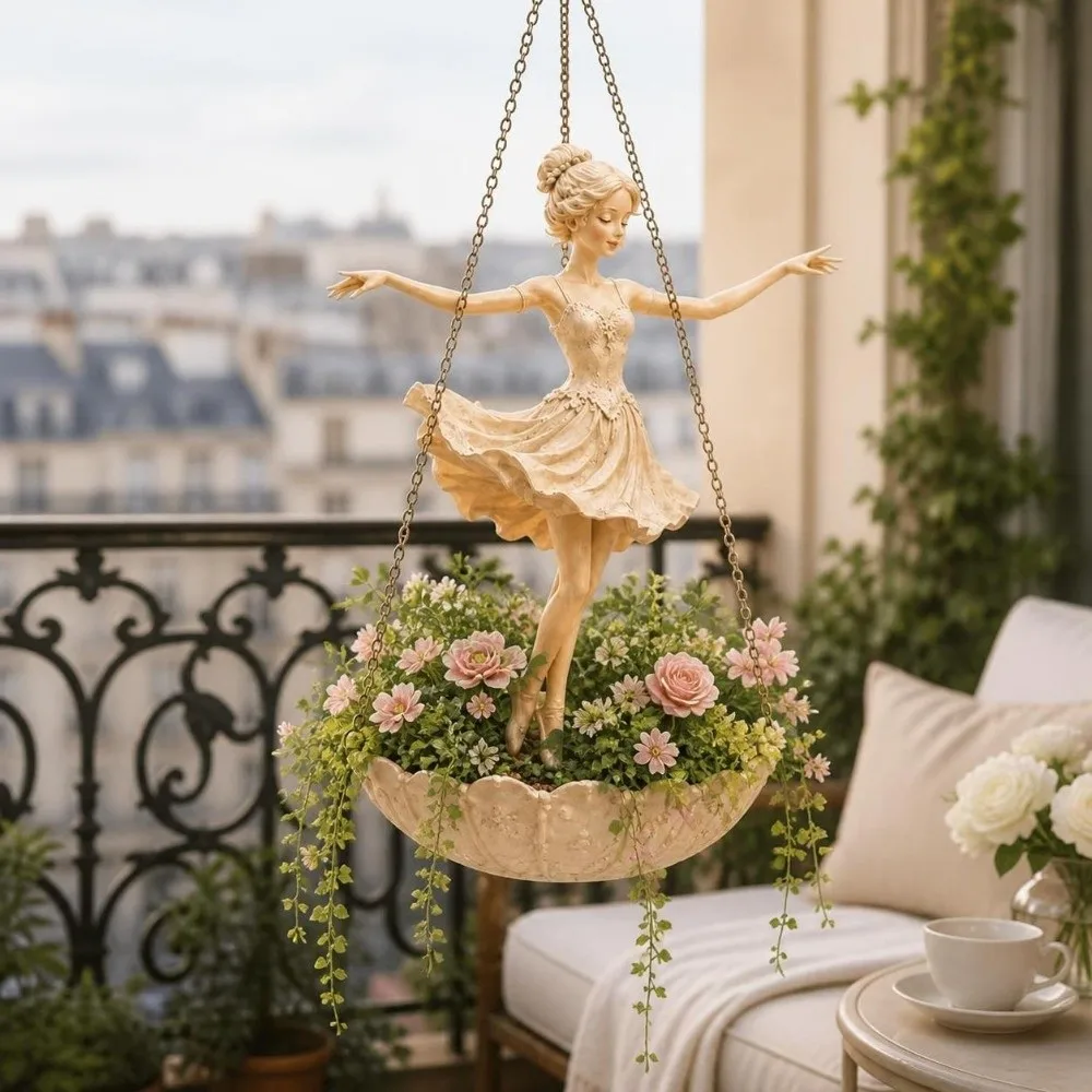 Resin Ballet Dancer Hanging Planter Elegant UV Resistant Girl Hanging Plant Basket Save Space Decorative Statue Flower Container