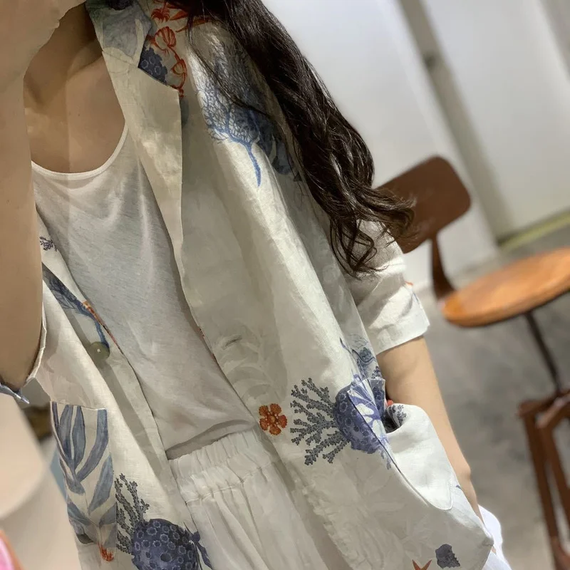 Blazers Women Print Single Button Notched Loose Elegant Stylish Casual All-match Summer Breathable Thin Cool Fashion Daily New