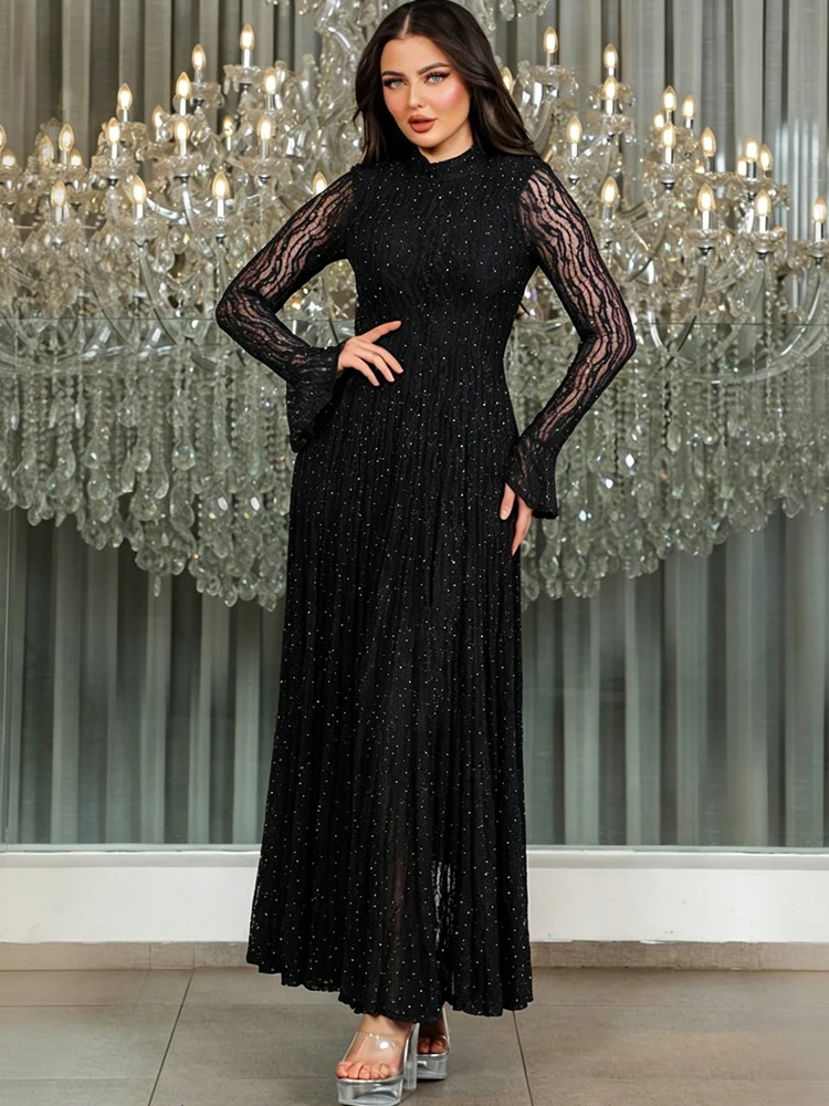 

RLMABABY Sexy See Through Lace Evening Formal Sequin Dress Elegant Flare Long Sleeve Rhinestone Club Party Bodycon Maxi Dress