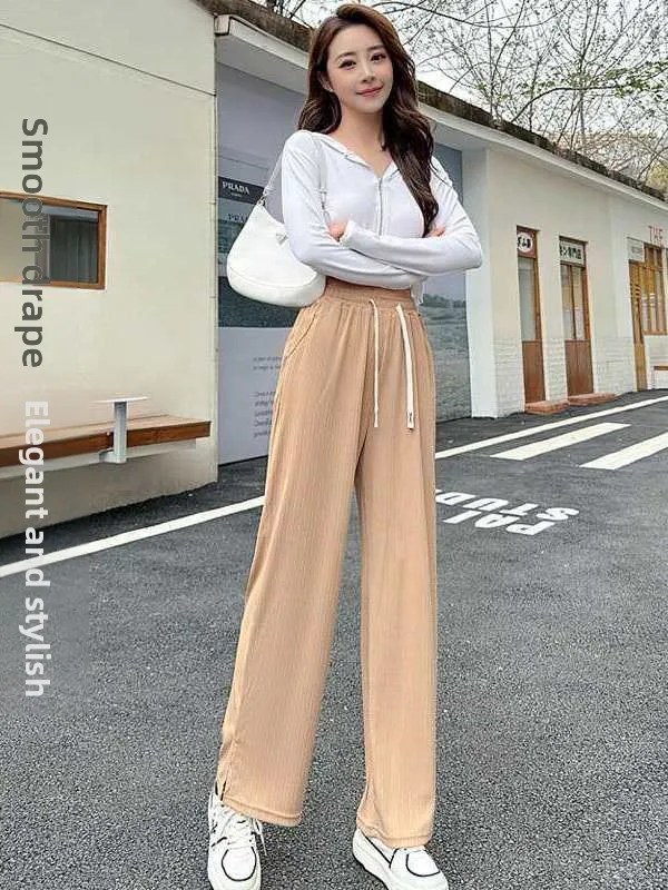 

Women's Pleated Wideleg Pants Long Draped Feel Casual Trousers Cleanfit Sle Low Waist PVC Polyester Fiber Mid-aged Suitable