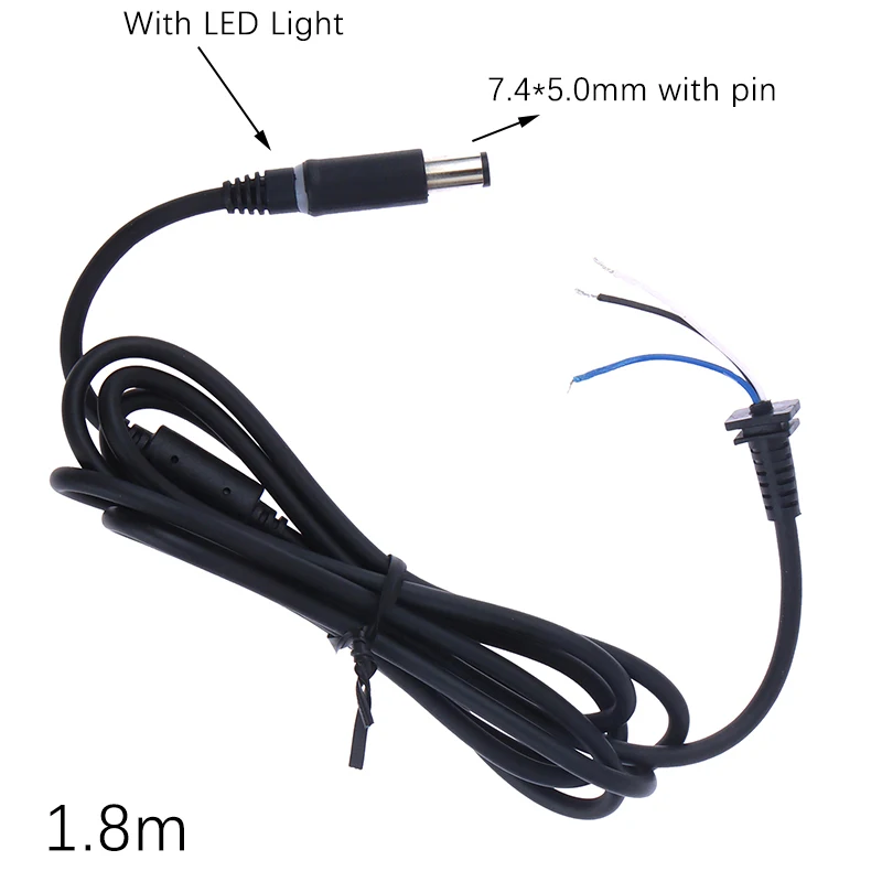 Copper DC Tip Plug Connector Cord Cable for Dell HP Laptop Charger Adapter black Pin 7.4 x 5.0 7.4*5.0mm with Led Light 1.8M