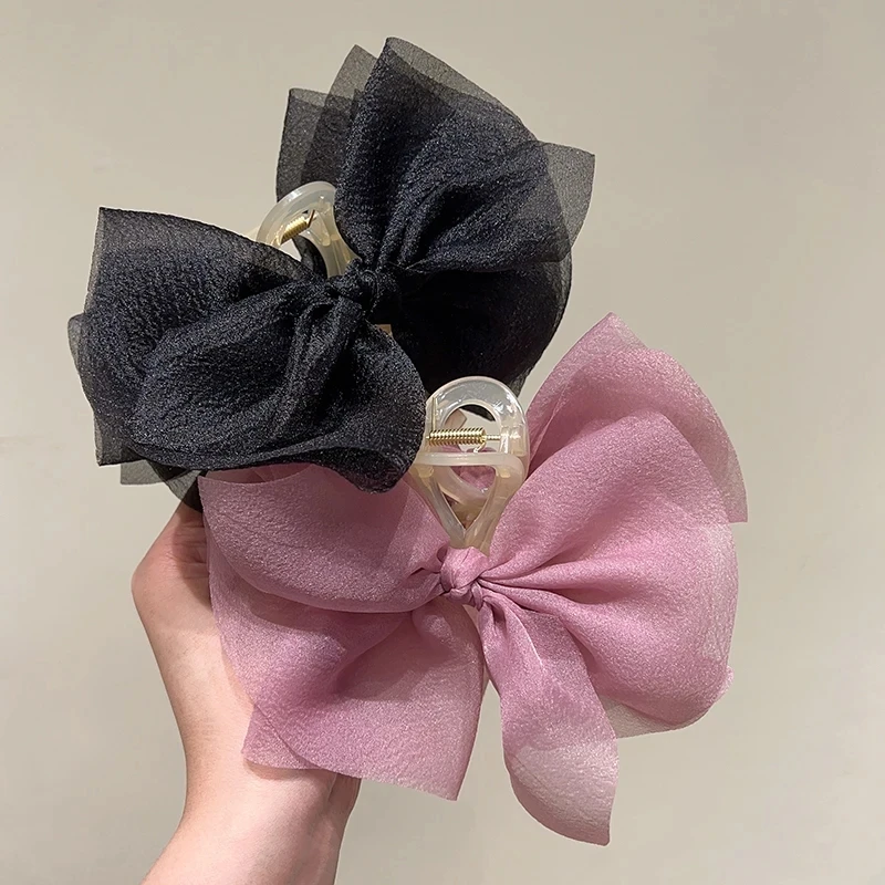 Fashion Mesh Tulle Large Bow Grab Clip Elegant Retro Female Net Yarn Ponytail Hairpins Headdress Girls Hair Accessories