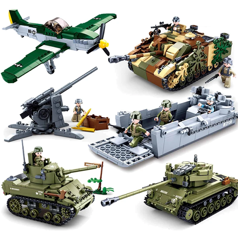 SLUBAN WW2 Military Normandy Landing Tank Aircrafts Jeep Boat Model Building Blocks Soldier Sets Dolls Brick Kids Toys Gifts