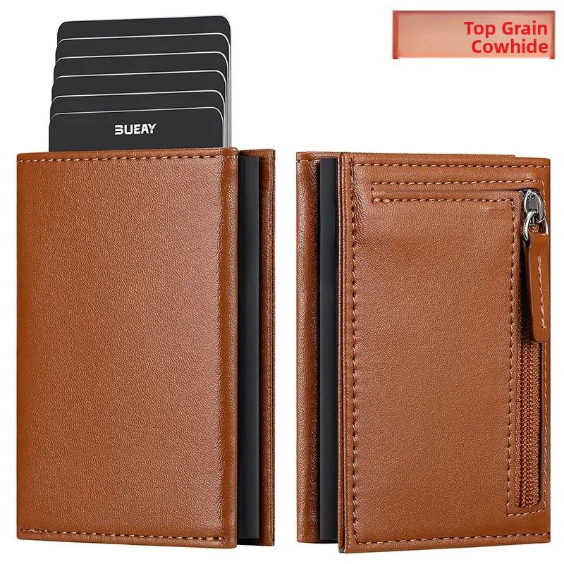 top-layer-cowhide-leather-large-capacity-metal-card-holder-ultra-suede-oil-wax-leather-automatic-up-card-box-for-students