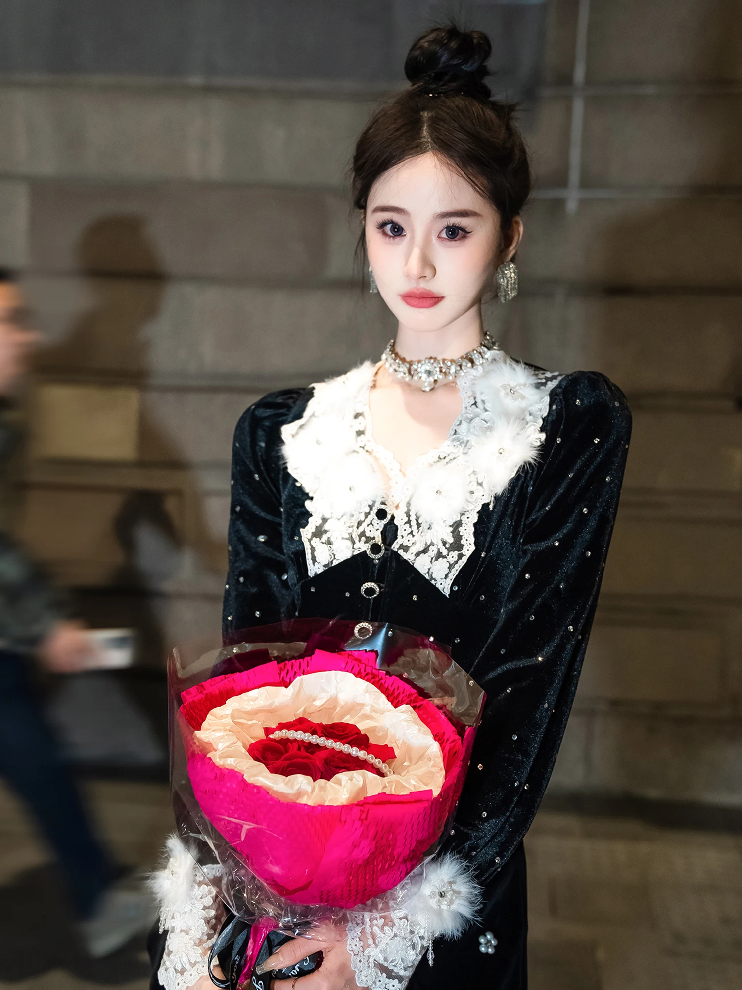 

Handmade Beaded Lace Silk Velvet Base irt Paris First Snow Court Sle Women's Slim Fit Long Sve Button up irt