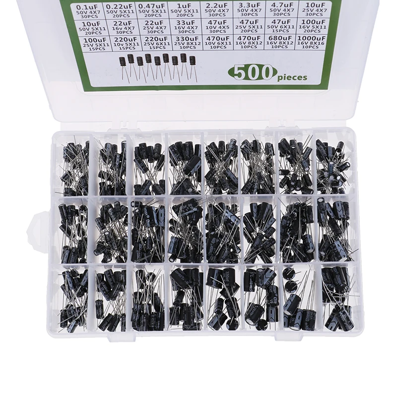 500Pcs 0.1-1000UF 24Values Aluminum Electrolytic Capacitors 16-50V Capacitor Kit