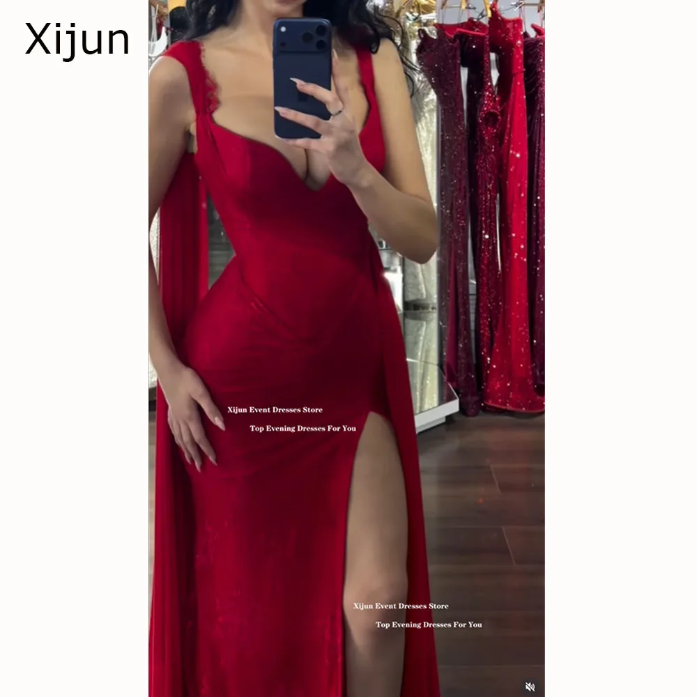 

Xijun Sexy Red Lace Evening Dresses Sweetheart HIgh Split Spaghetti Strap Mermaid Prom Dresses Formal Prom Gown Women Customized