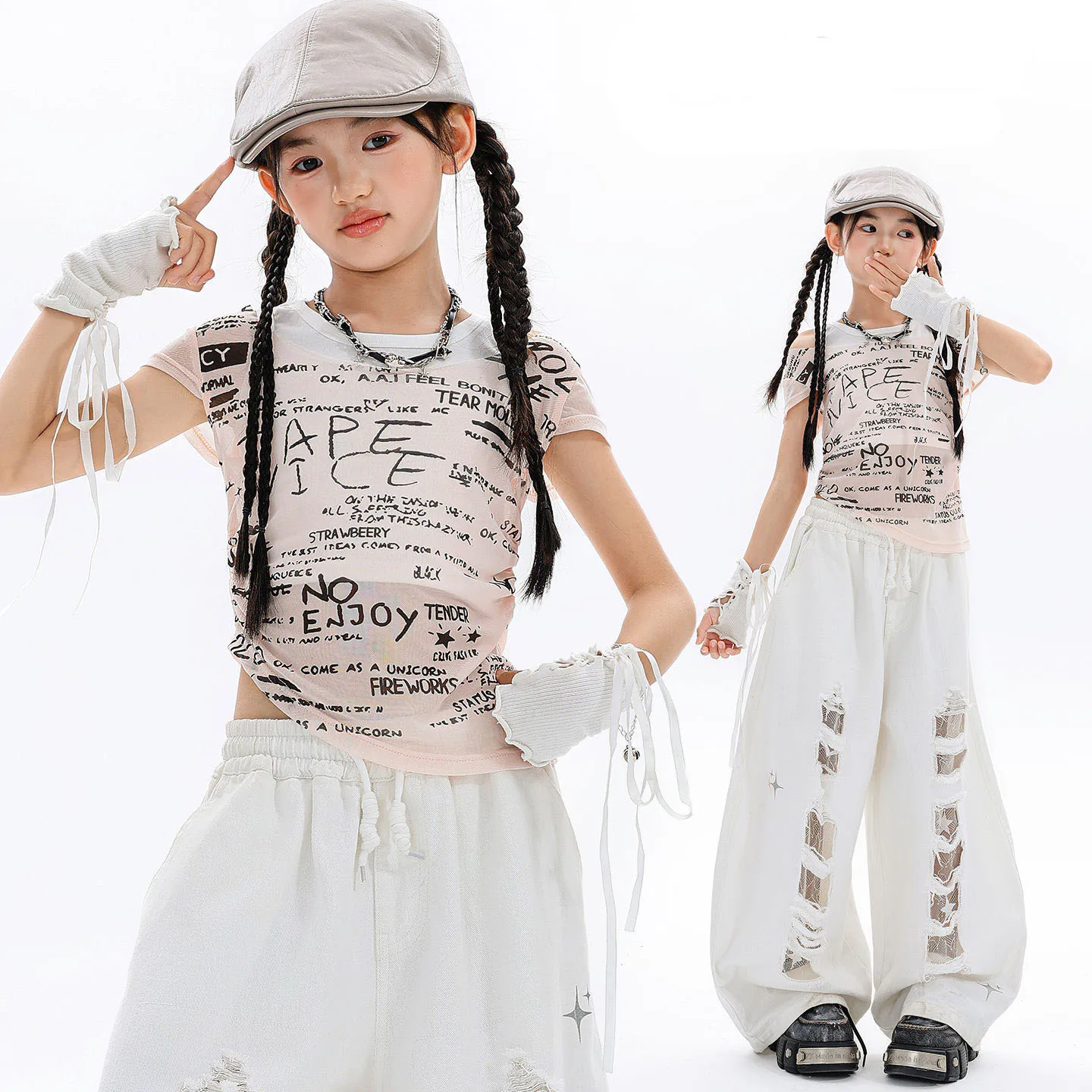 

Kid Kpop Hip Hop Clothing Pink Letters Transparent Mesh T Shirt White Casual Ripped Sweat Pants for Girl Dance Costume Clothes