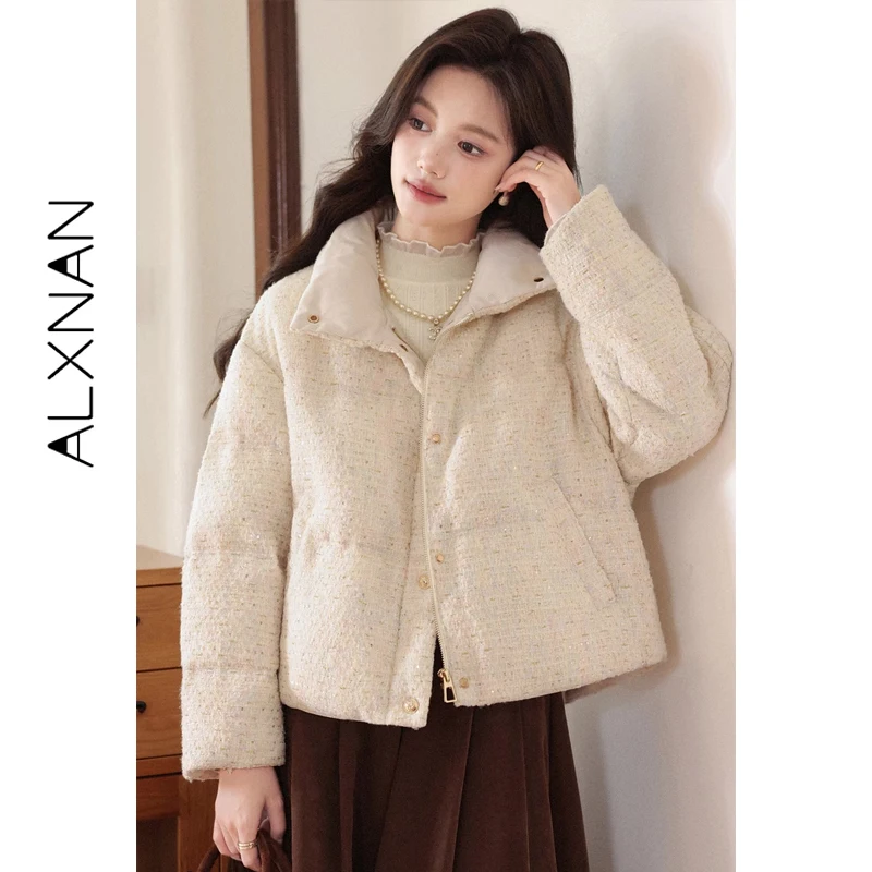 ALXNAN Women Tweed Down Jacket Gentle Vintage Stand Collar 90 White Duck Down Winter Daily Loose Short Puffer Outer Coat L59139
