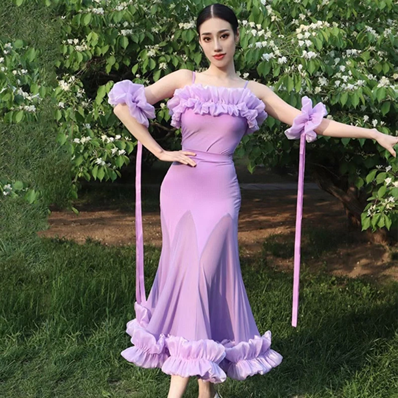 Vestido de competición de baile de salón para mujer, Tops de encaje con volantes y hombros descubiertos, faldas, vestido de graduación, disfraz de actuación de vals BL8621 2022