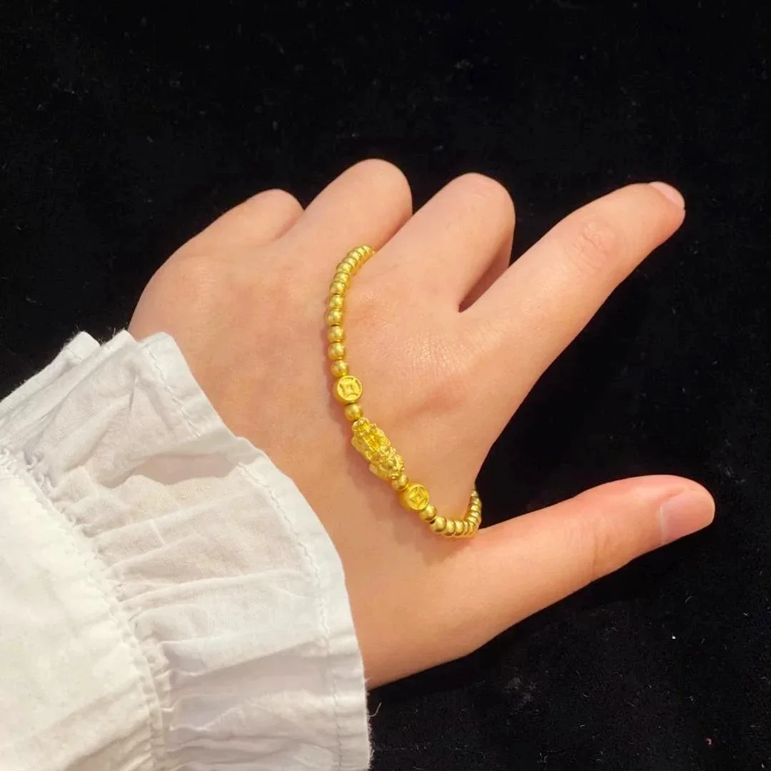 سوار نسائي من الذهب عيار 24 قيراط |   قابض Pixiu ثلاثي الأبعاد مزدوج - عملات معدنية، سحابة - سلسلة منقوشة، ذهبي صلب، جريئة وعين - اصطياد