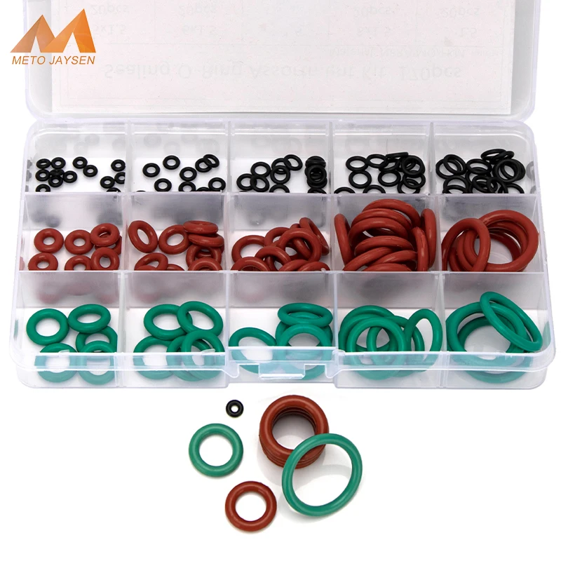 

150pcs Sealing O-ring Silicone NBR VMQ FKM Red Black White Green Gasket Replacement Assortment Kit OD 5mm-25mm CS 1.5mm 3.1mm