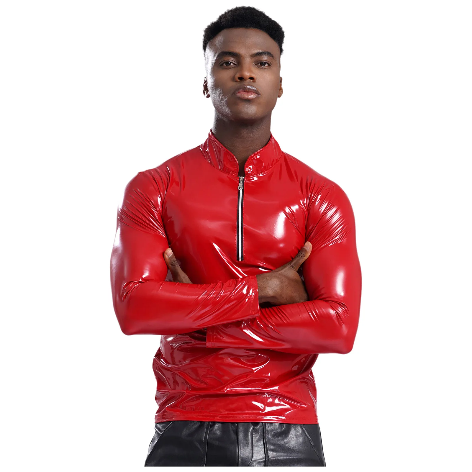 Men PU Leather Shinny Shirt Punk Party Motor Biker's Costume Long Sleeve Front Zipper Shirt Sheath Leather T-shirt