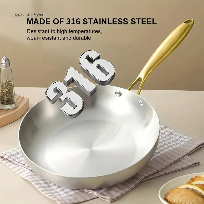 2MM Thick 5-Ply Wok Pan Food Grade Safety Multiple Sizes 3PCS 316 Stainless Steel Gold Handle Non-Stick Frying Pan Set